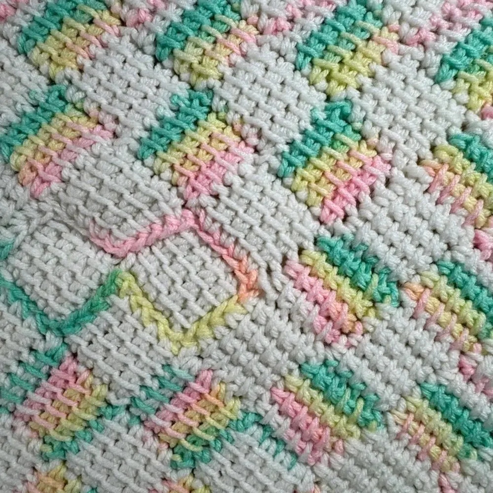 Handmade Crochet Baby Blanket 33x36 Pastel Blue White Pink Yellow Vintage Style